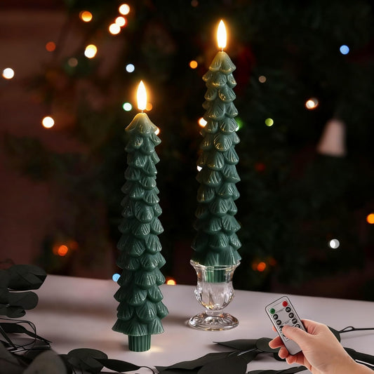 "Green Christmas Tree Flameless LED Candles - Set of 2 with Remote